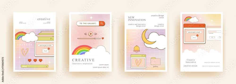 Set of retro posters template. cute cover with 90s retro vaporwave design. for poster, business card, invitation, flyer, banner, brochure, email header, post in social networks, advertising