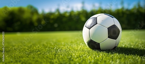 Soccer ball on a green lawn with copy space. 
