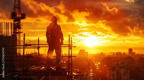 Construction Worker at Sunset on Scaffolding