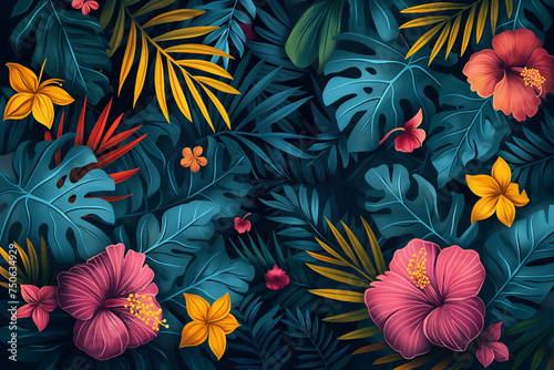 Botanical illustration comes to life with lush palm trees, dense monstera foliage, and vibrant tropical hibiscus flowers, forming an enchanting scene
