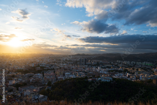 Panoramic view of the city of Malaga at sunset. Spain. Andalusia.