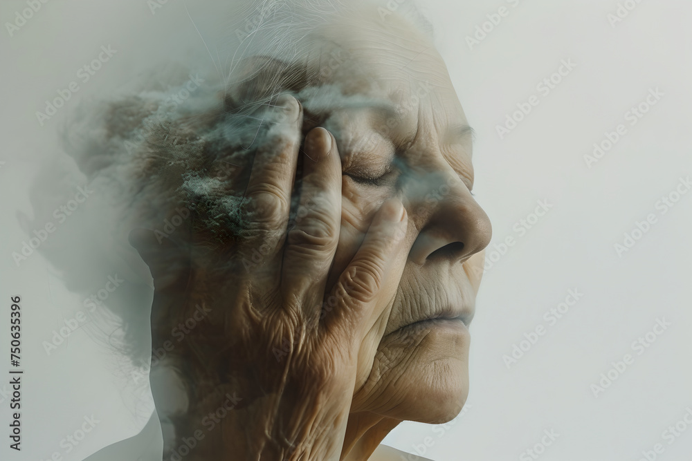 Senior woman face portrait closeup, side view. Sad old female holding her head. Lonely elderly woman, depressed after retirement, thinking about life. Decreased mind function, memory loss, headache Senior woman face portrait closeup, side view. Sad old female holding her head. Lonely elderly woman, depressed after retirement, thinking about life. Decreased mind function, memory loss, headache