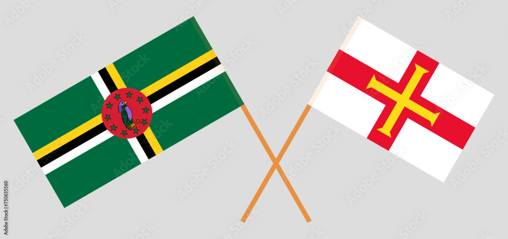 Crossed flags of Dominica and Bailiwick of Guernsey. Official colors. Correct proportion