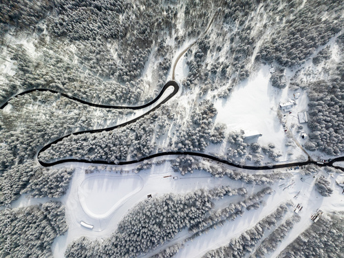 Aerial view of the road and ski slope. Pohorje, Areh, Slovenia photo