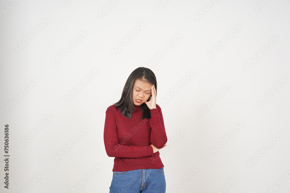 Young Asian woman in Red t-shirt Suffering Headache gesture isolated on white background Young Asian woman in Red t-shirt Suffering Headache gesture isolated on white background
