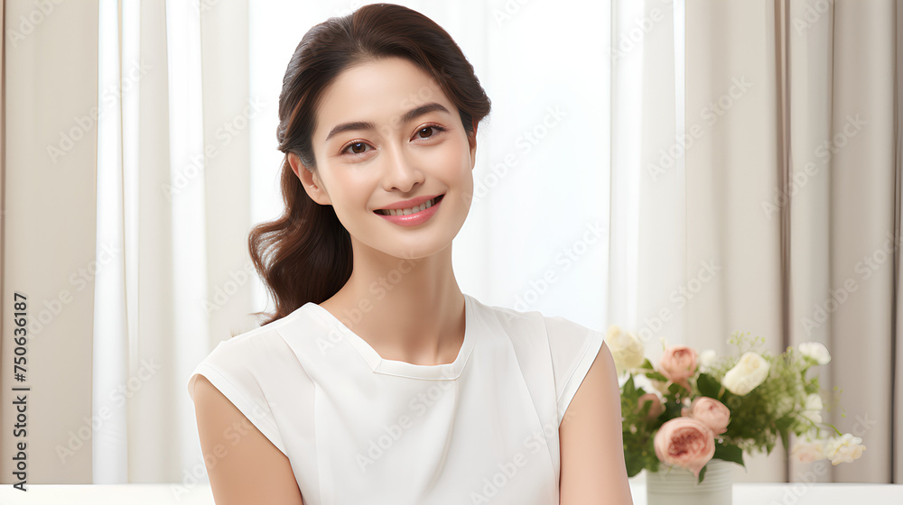A radiant young woman with flawless skin and a gentle smile, surrounded by skincare products,working woman,leader A radiant young woman with flawless skin and a gentle smile, surrounded by skincare products,working woman,leader