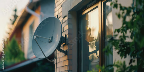 Modern Home Satellite Dish. Satellite TV dish installed on a country house exterior. photo