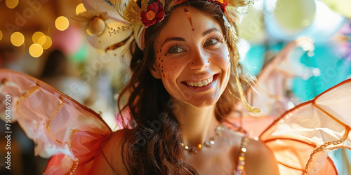 Smiling Fairy with Floral Crown. Happy young woman animator in a fairy costume with a headpiece and wings, copy space.