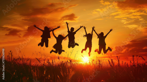 Silhouettes of children jumping in the afternoon background, AI generated Image