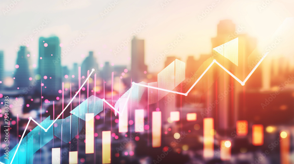 Abstract virtual financial graph hologram and upward arrow on blurry skyline background, forex and investment concept. Multiexposure. - obrazy, fototapety, plakaty 