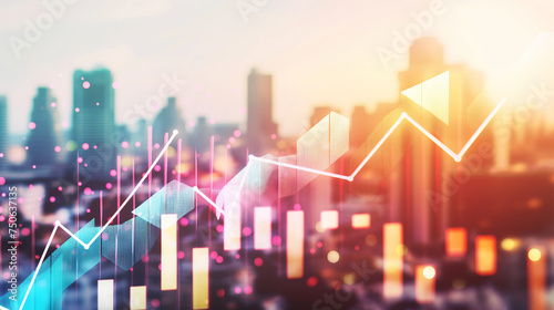 Abstract virtual financial graph hologram and upward arrow on blurry skyline background, forex and investment concept. Multiexposure.