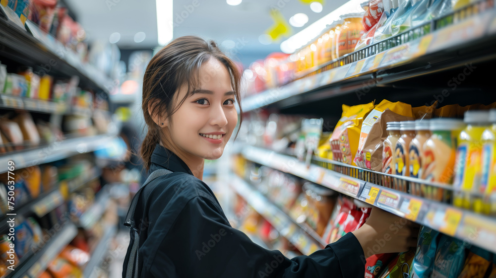A asian female supermarket employee is arranging products on the shelves. standing near shelves filled with food products at store
