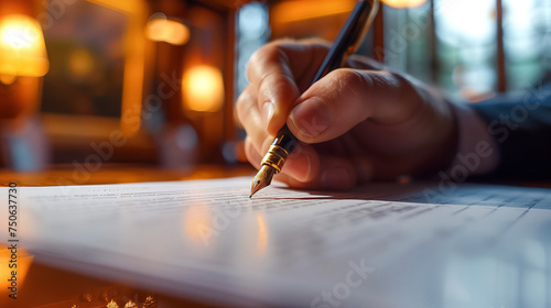 Close up of a male hand holding a pen signing a contract against an abstract blurred background © Ratthamond