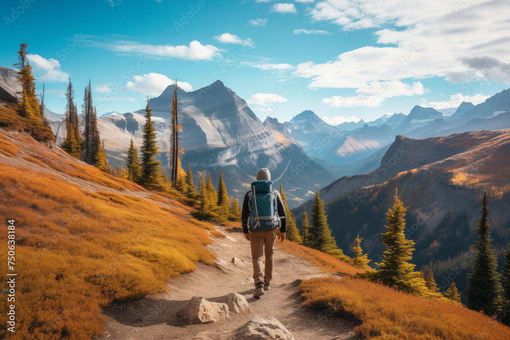 Lone hiker walks a path through vibrant fall foliage with majestic mountain views Lone hiker walks a path through vibrant fall foliage with majestic mountain views