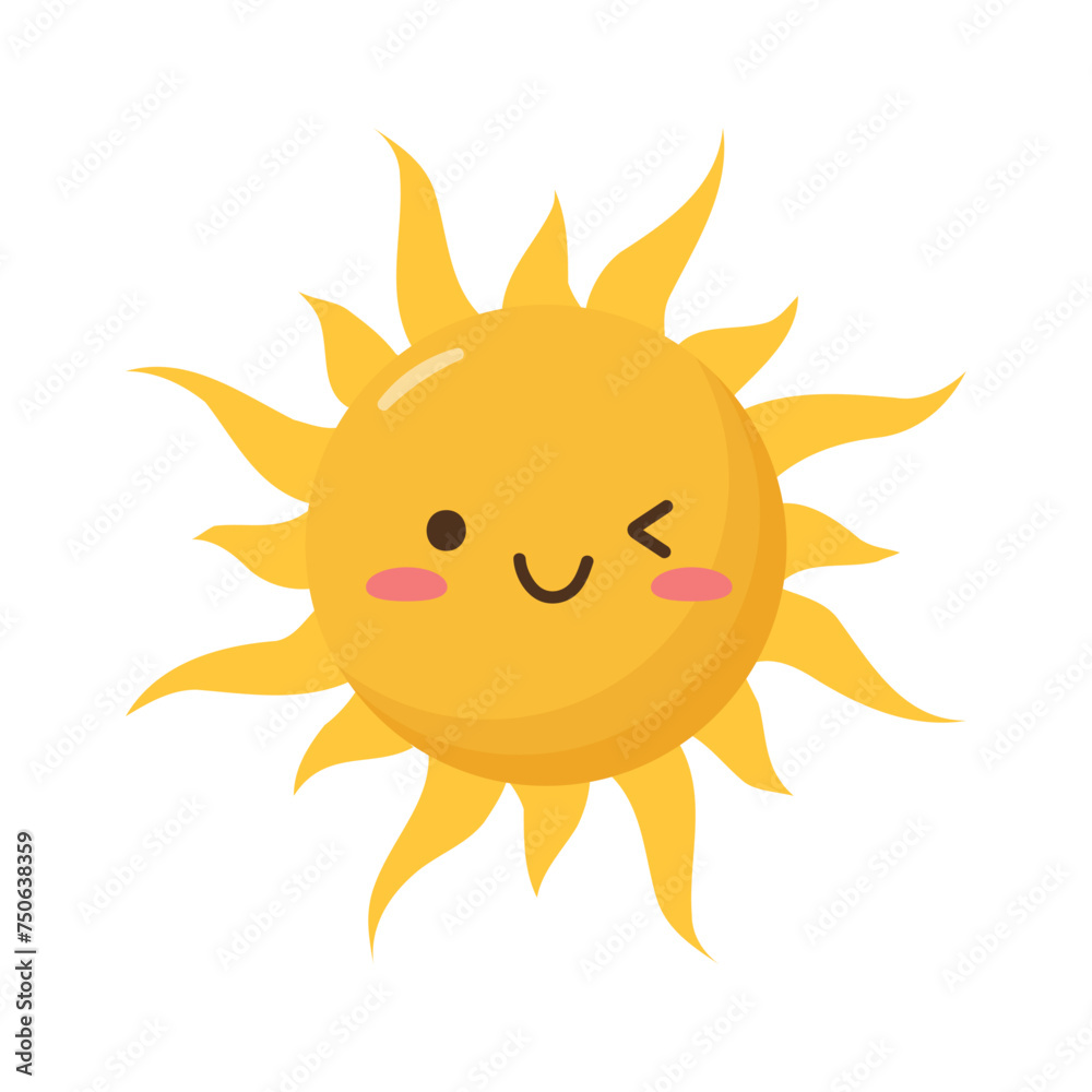 Vector Sun icon. Kawaii style. Isolated on a white background. Flat design.	
