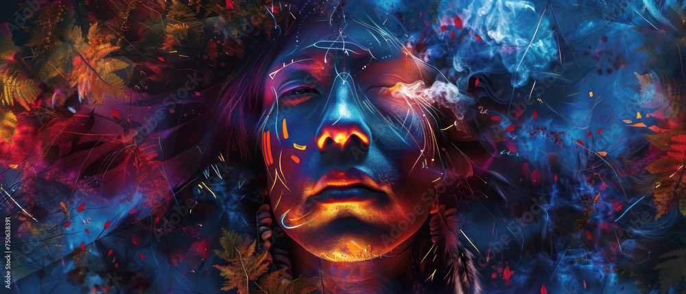 A serene portrait of a Native American shaman, surrounded by symbols of healing and nature, their gaze piercing through the mystic smoke of a ceremonial fire, set within a dense, sacred forest.