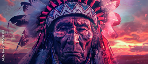 A dignified portrait of a Native American elder, adorned with a feather headdress, his eyes reflecting wisdom and resilience, set against a backdrop of the vast, untouched American landscape at dusk.