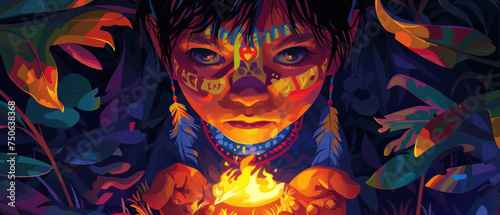 An intimate portrait of a Native American child  curiosity in their eyes  holding a small  carved animal totem  with the warm glow of a campfire illuminating their features against the night.