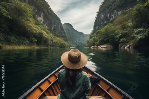 Woman in a hat rows a boat on a peaceful river amidst towering limestone cliffs © Татьяна Евдокимова