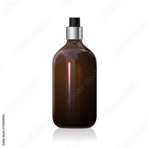 Blank brown glass bottle mockup with open silver spray isolated on white background. Dark amber glass package. Spray dispenser. 3d vector healthcare mockup template. Packaging for beauty product