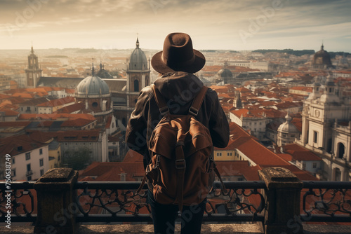 Traveler with a backpack stands admiring a panoramic view of a classic European city skyline