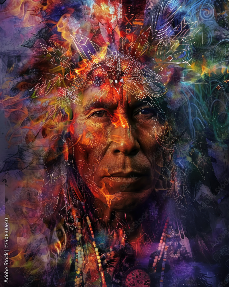 A serene portrait of a Native American shaman, surrounded by symbols of healing and nature, their gaze piercing through the mystic smoke of a ceremonial fire, set within a dense, sacred forest.