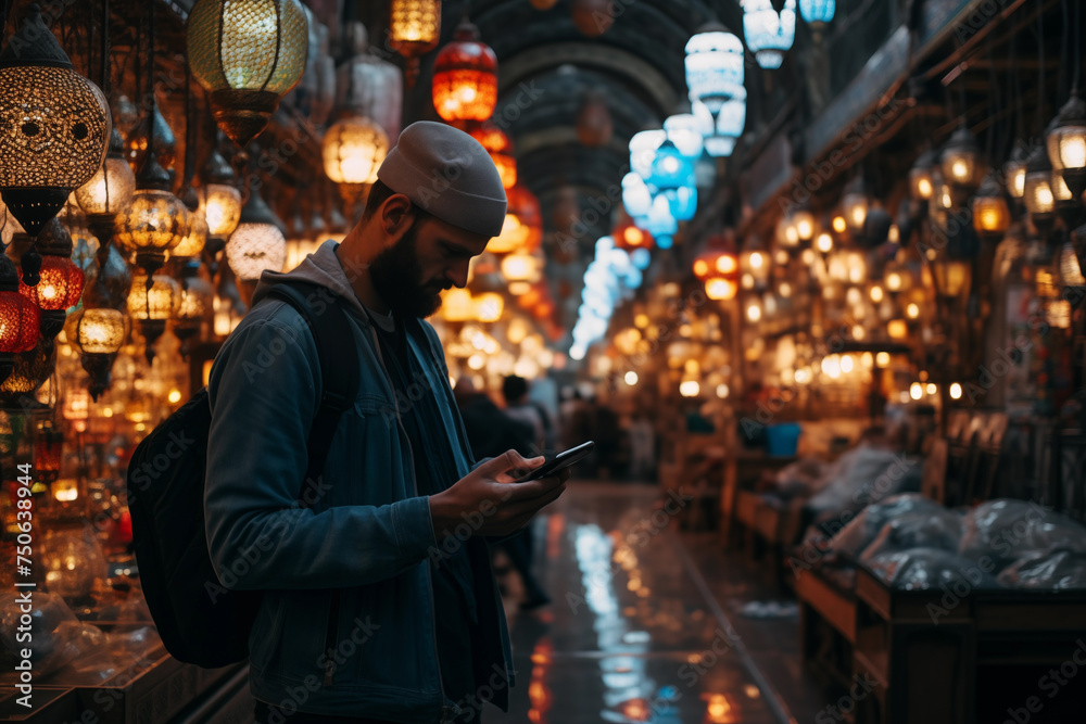 Young man checks his phone amidst the warm glow of lanterns in a busy market aisle