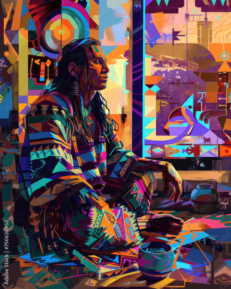 A contemplative portrait of a Native American craftsman, surrounded by intricate beadwork and pottery, focused intently on his art, with the soft light of dawn filtering through a window.