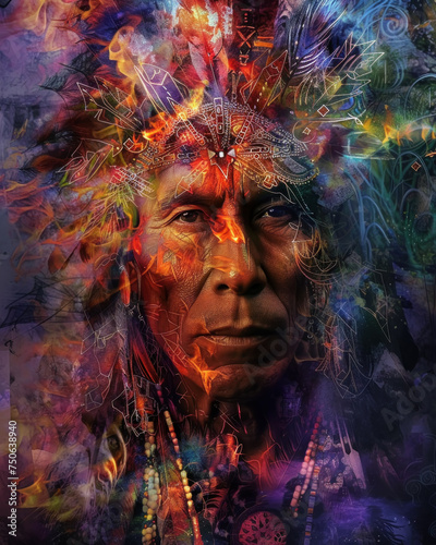 A serene portrait of a Native American shaman  surrounded by symbols of healing and nature  their gaze piercing through the mystic smoke of a ceremonial fire  set within a dense  sacred forest.