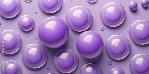 Three purple pastel balls rolling around circle on soft surface. Top view of spheres touching liquid material. 3D render animation. Seamless loop.