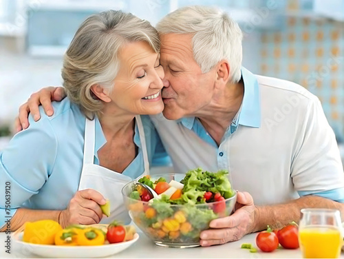 Happy joyful old couple in the kitchen  preparing food and kissing.