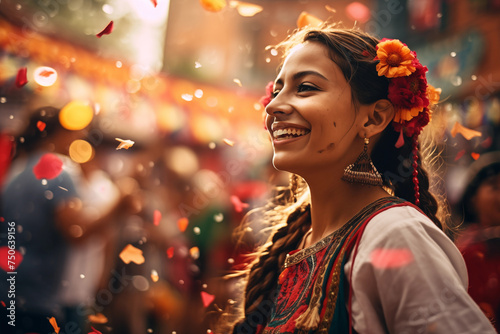 Smiling young woman with flower adornments enjoys a vibrant festival with confetti in the air