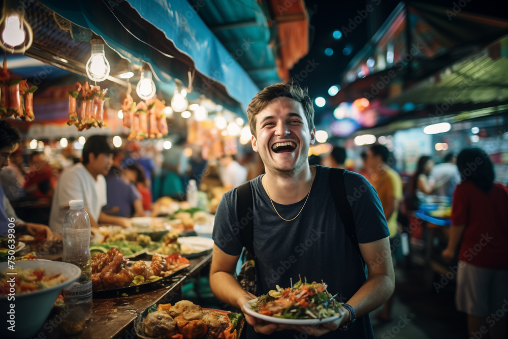 Happy young man with a plate of street cuisine at a bustling night market Happy young man with a plate of street cuisine at a bustling night market