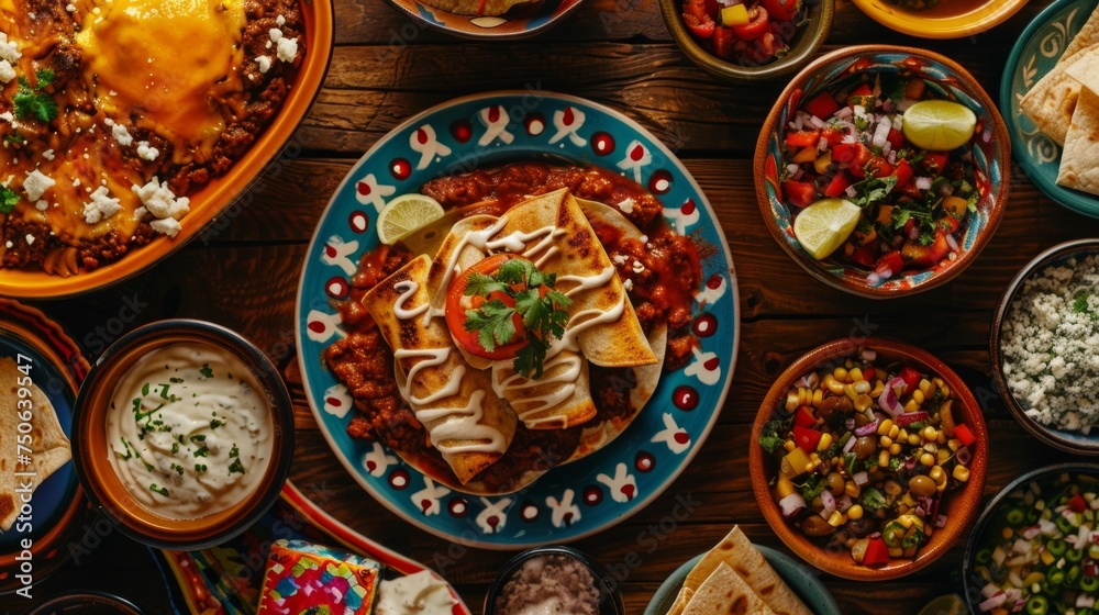 Top view a variety of delicious-looking Mexican dishes arranged on a wooden table. The central focus is a colorful plate with enchiladas, garnished with cream and a sprig of cilantro