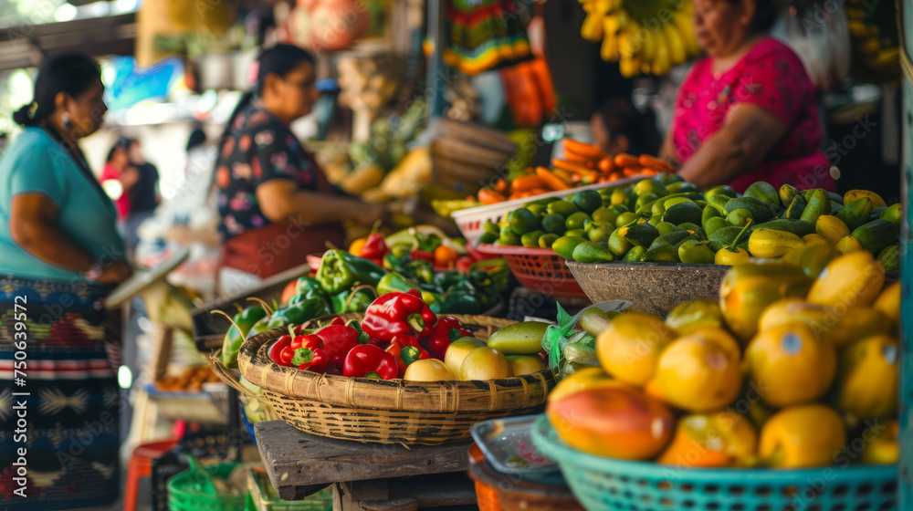 A bustling market scene with an array of fresh fruits and vegetables displayed in baskets, somewhere in Mexica