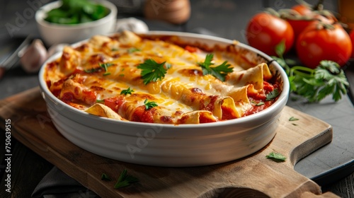 Close-up enchilada dish, served on a white plate - layers of corn tortillas filled with chicken or beef, enveloped in a fragrant red chili sauce, and topped with melted cheese