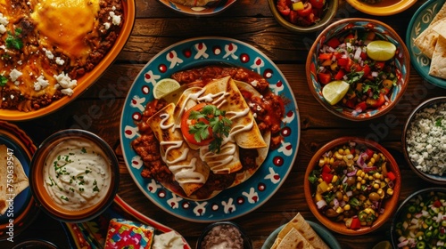 Top view a variety of delicious-looking Mexican dishes arranged on a wooden table. The central focus is a colorful plate with enchiladas, garnished with cream and a sprig of cilantro