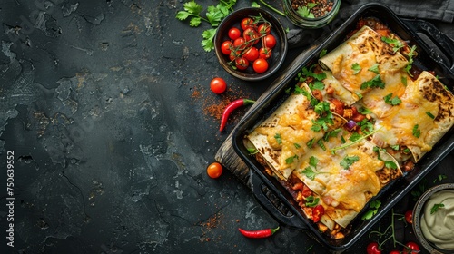 Flat lay with enchilada dish in a baking container - corn tortillas filled with meat and vegetables, drenched in a red chili sauce, topped with melted cheese, on a black surface with copy-space