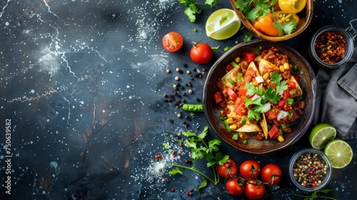 Flat lay with delicious and colorful enchilada dish, garnished with fresh herbs and chopped vegetables, surrounded by various ingredients and spices, on a dark background with space for text