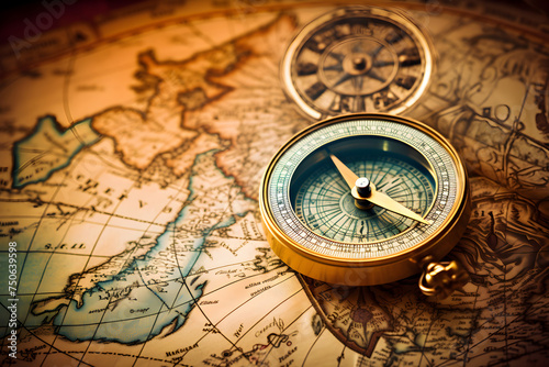 Antique brass compass lying on a classic map, symbolizing adventure and navigation
