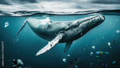 A humpback whale swimming in the ocean with plastic bags and bottles floating in the water