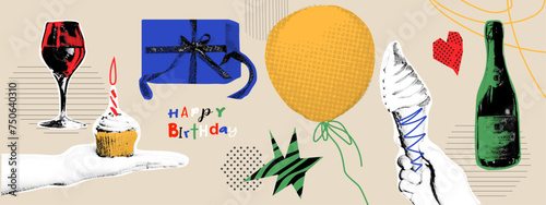 Collage design elements in trendy dotted pop art style. Retro halftone effect. Set of birthday elements. Hand with cake, gift, balloon, champagne.Vector illustration with abstract elements.