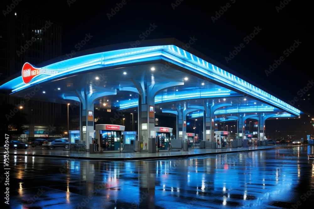 the atmospheric beauty of a gas station at twilight, highlighting the interplay of artificial and natural light