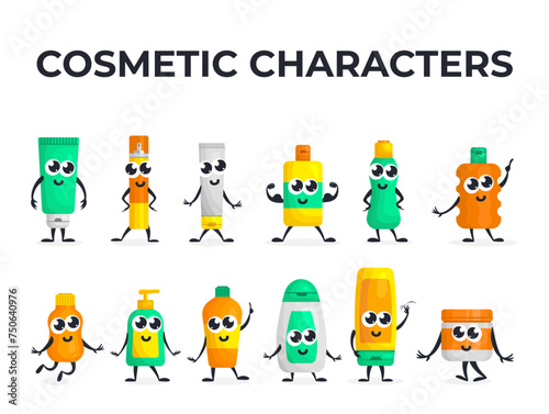 Funny cosmetic character beauty package humor emoticon set vector flat illustration