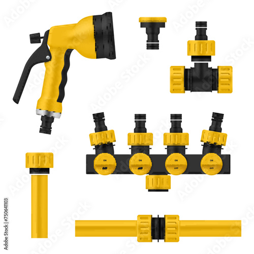 Garden hose watering can equipment gardening agriculture hand tool set realistic vector