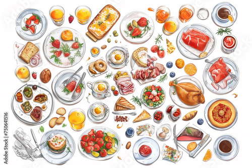Assorted Breakfast Meals and Beverages Illustration
