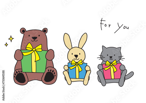 かわいい　ほっこり　イラスト素材　プレゼントを持つ動物のイラスト　動物　うさぎ　くま　ねこ　イラストセット　白背景　ベクター　ほのぼの　キャラクター　プレゼント　誕生日　クリスマス　記念日　バレンタイン