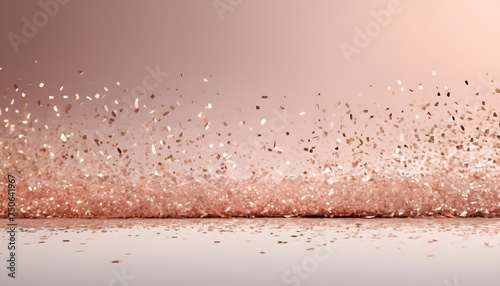 Glitter rose gold particles stage and light shine abstract background. Flickering particles with bokeh effect. Rose gold glow particle abstract bokeh background.