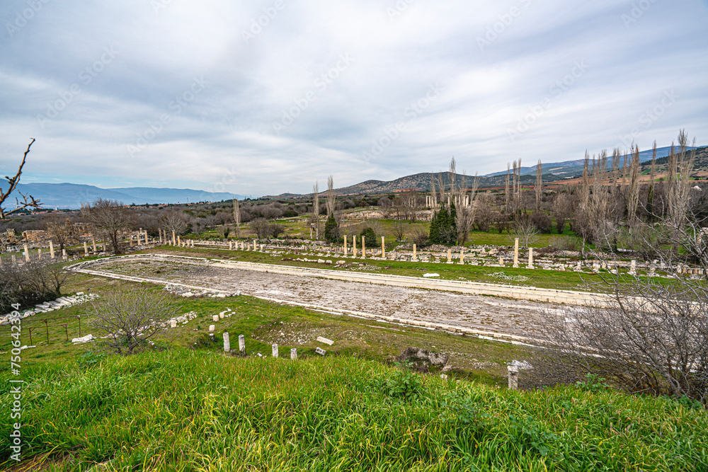 Scenic views from Afrodisias which  was a small ancient  Hellenistic city in the Caria,  was named after Aphrodite, the Greek goddess of love in Aydın, Turkey