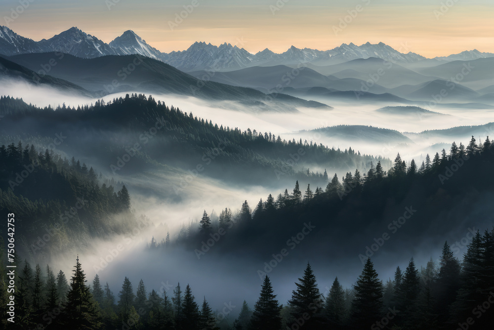 Obraz premium Mist-engulfed peaks rise above a dense forest. Morning fog